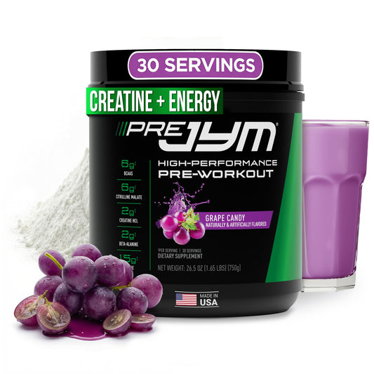 JYM Pre JYM Grape Candy frontal del envase mostrando diseño y sabor, claridad de marca y confianza