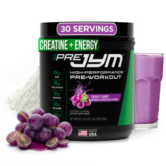 JYM Pre JYM Grape Candy frontal del envase mostrando diseño y sabor, claridad de marca y confianza