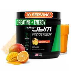 JYM Pre JYM envase frontal mostrando el diseño y sabor naranja mango, atractivo visual