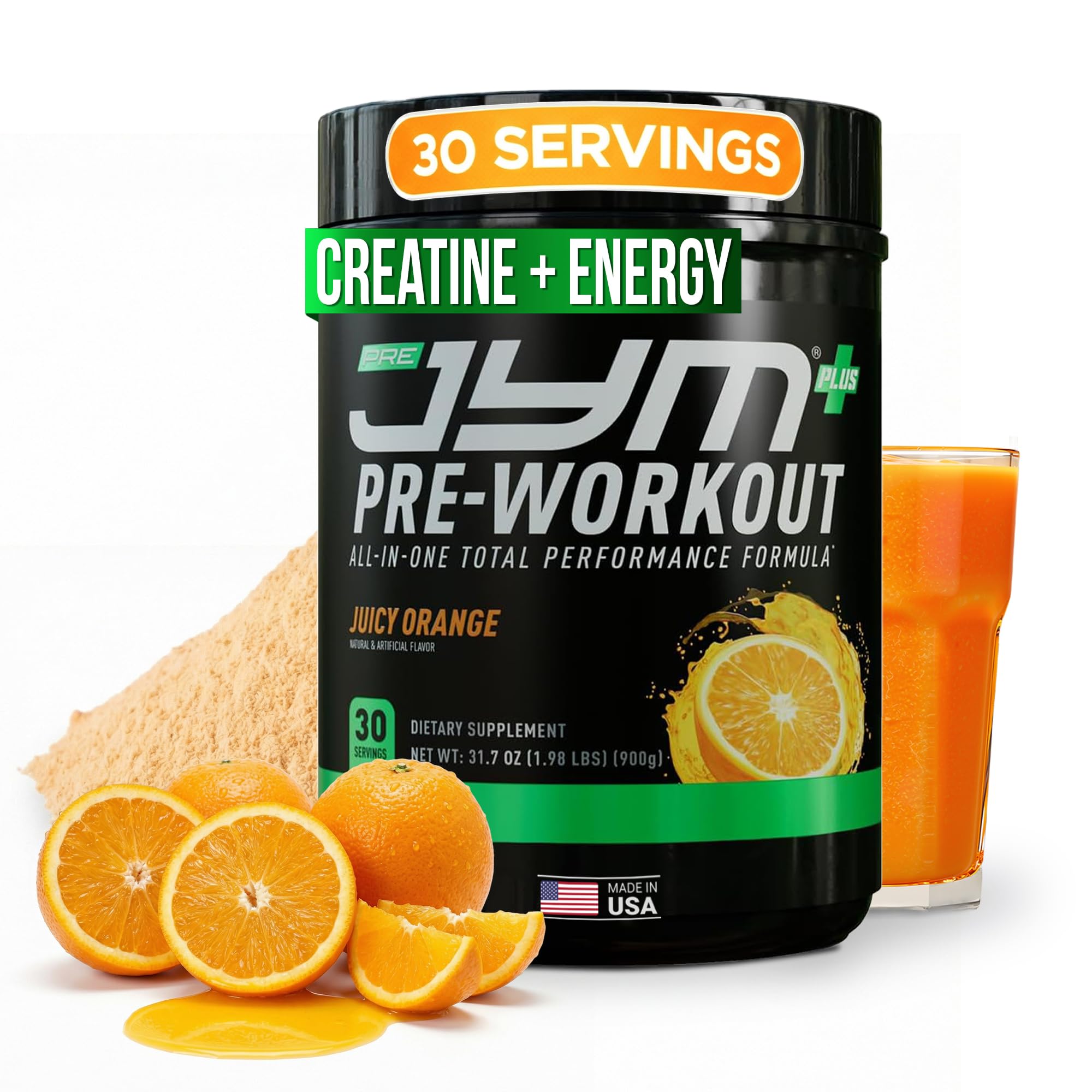 JYM Pre JYM Plus envase frontal naranja mostrando fórmula y beneficios
