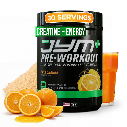 JYM Pre JYM Plus envase frontal naranja mostrando fórmula y beneficios