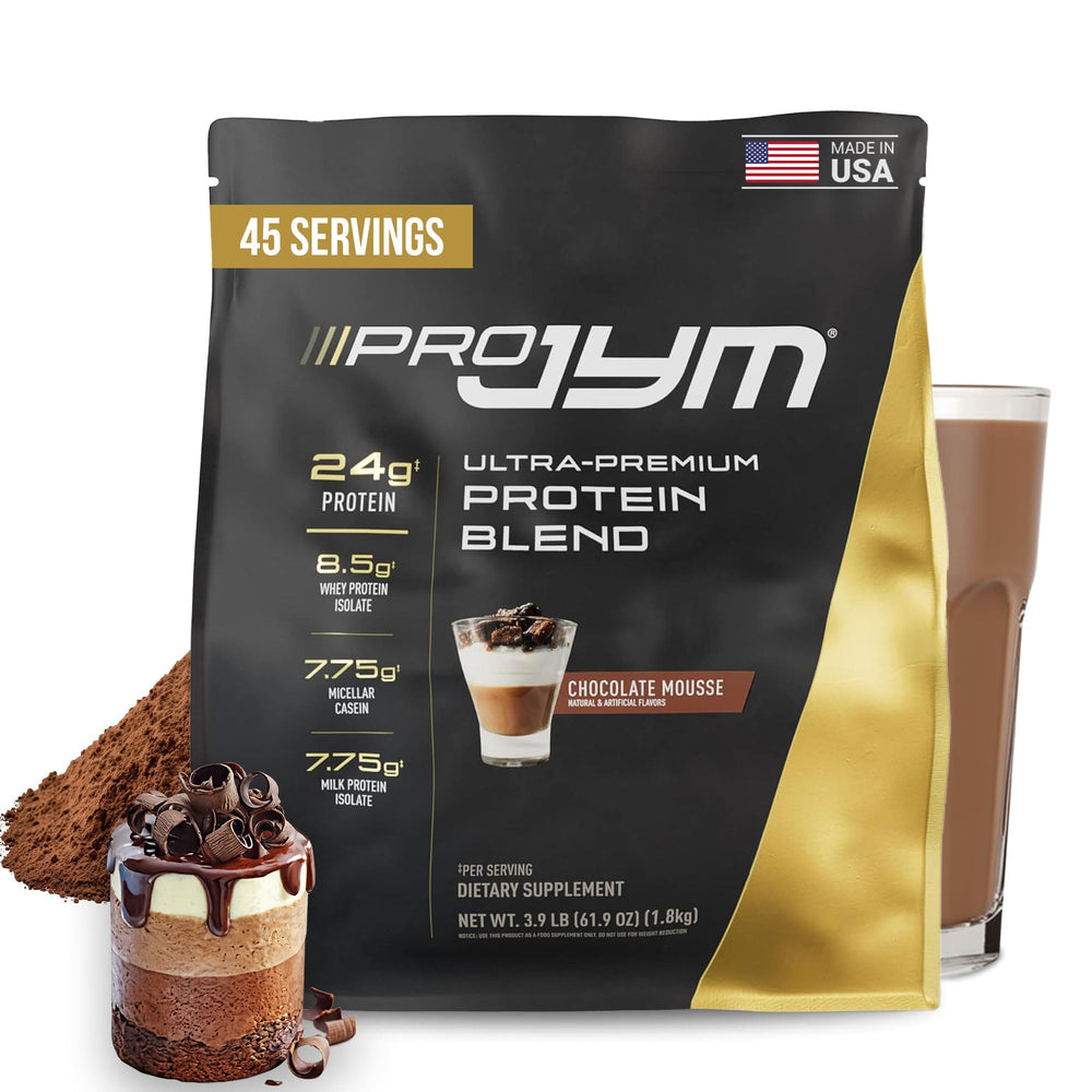 JYM Supplement Science bote frontal mostrando el producto y sabor Chocolate Mousse, fácil identificación