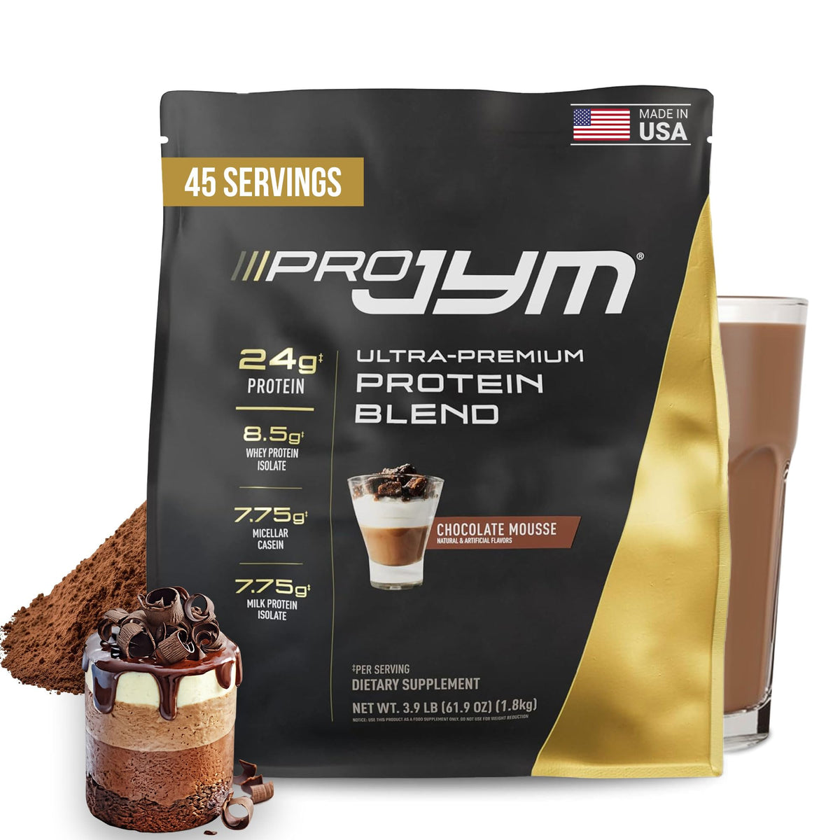 JYM Supplement Science bote frontal mostrando el producto y sabor Chocolate Mousse, fácil identificación