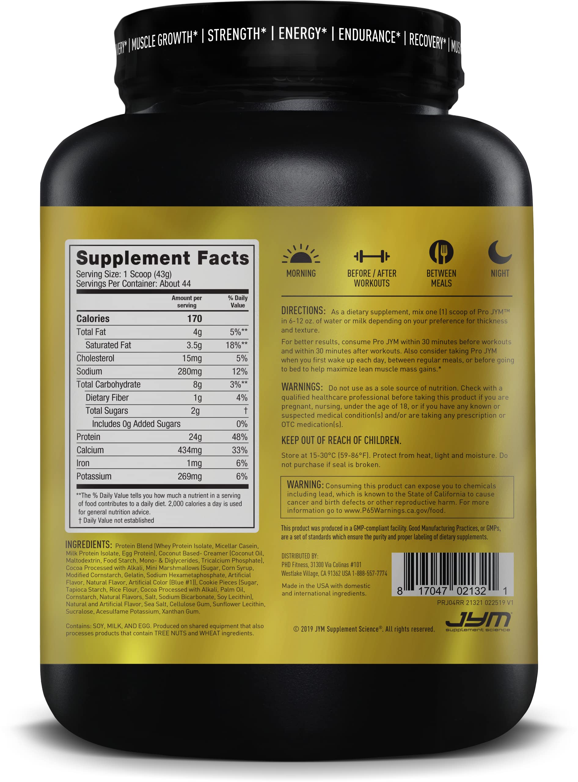 JYM Supplement Science envase Pro JYM sobre banco de gimnasio para uso postentreno