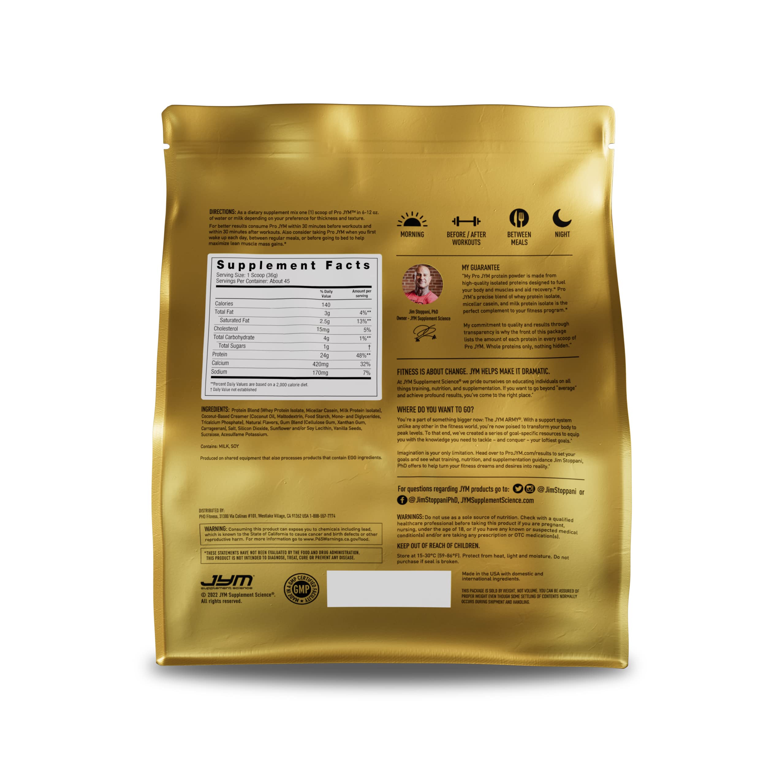 Cucharada de polvo Pro JYM Tahitian Vanilla textura fina y mezcla fácil para batidos cremosos