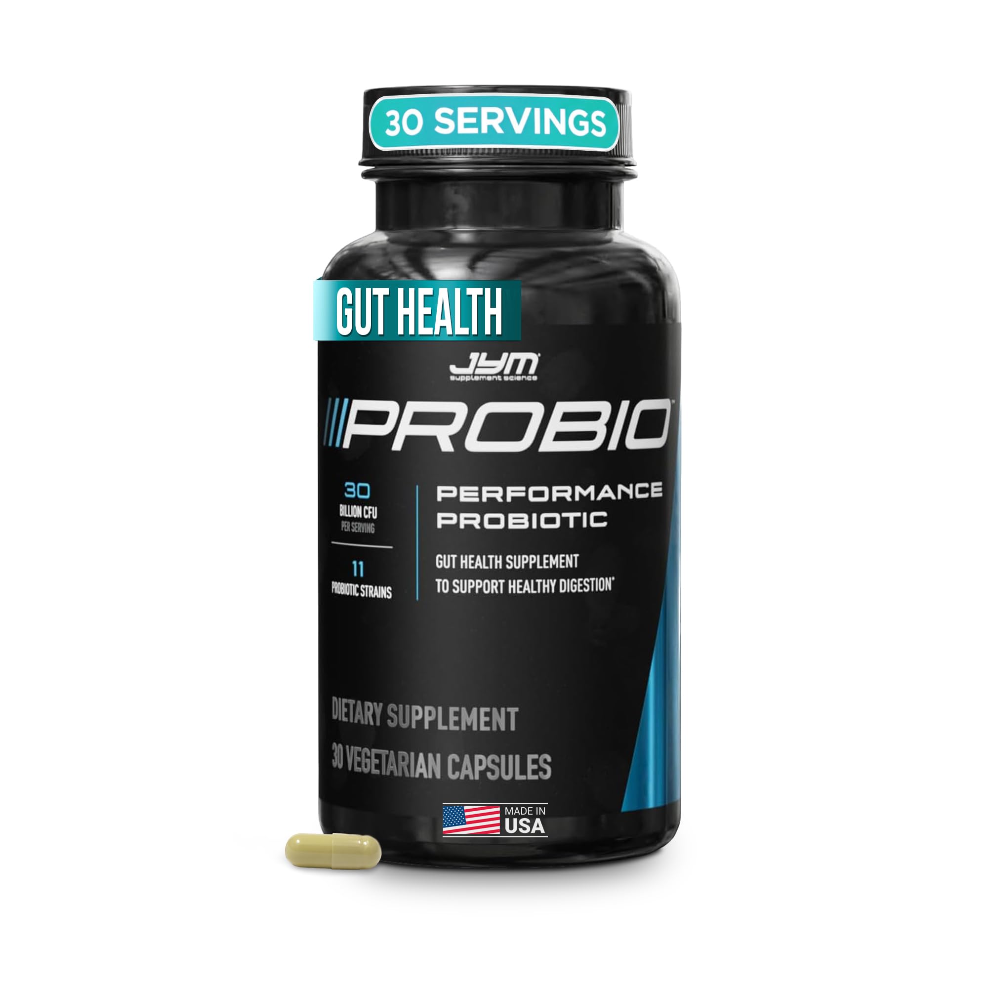 JYM ProBio frontal del envase mostrando dosis y cepas para salud intestinal