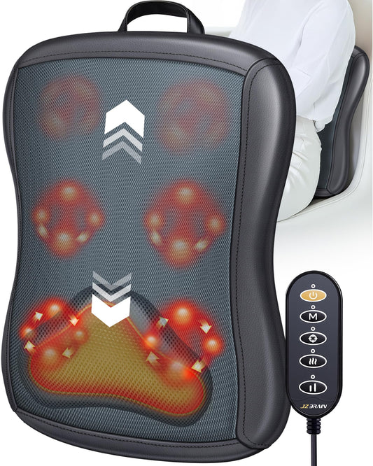 JZBRAIN masajeadór espalda frontal mostrando diseño ergonómico y alivio en casa