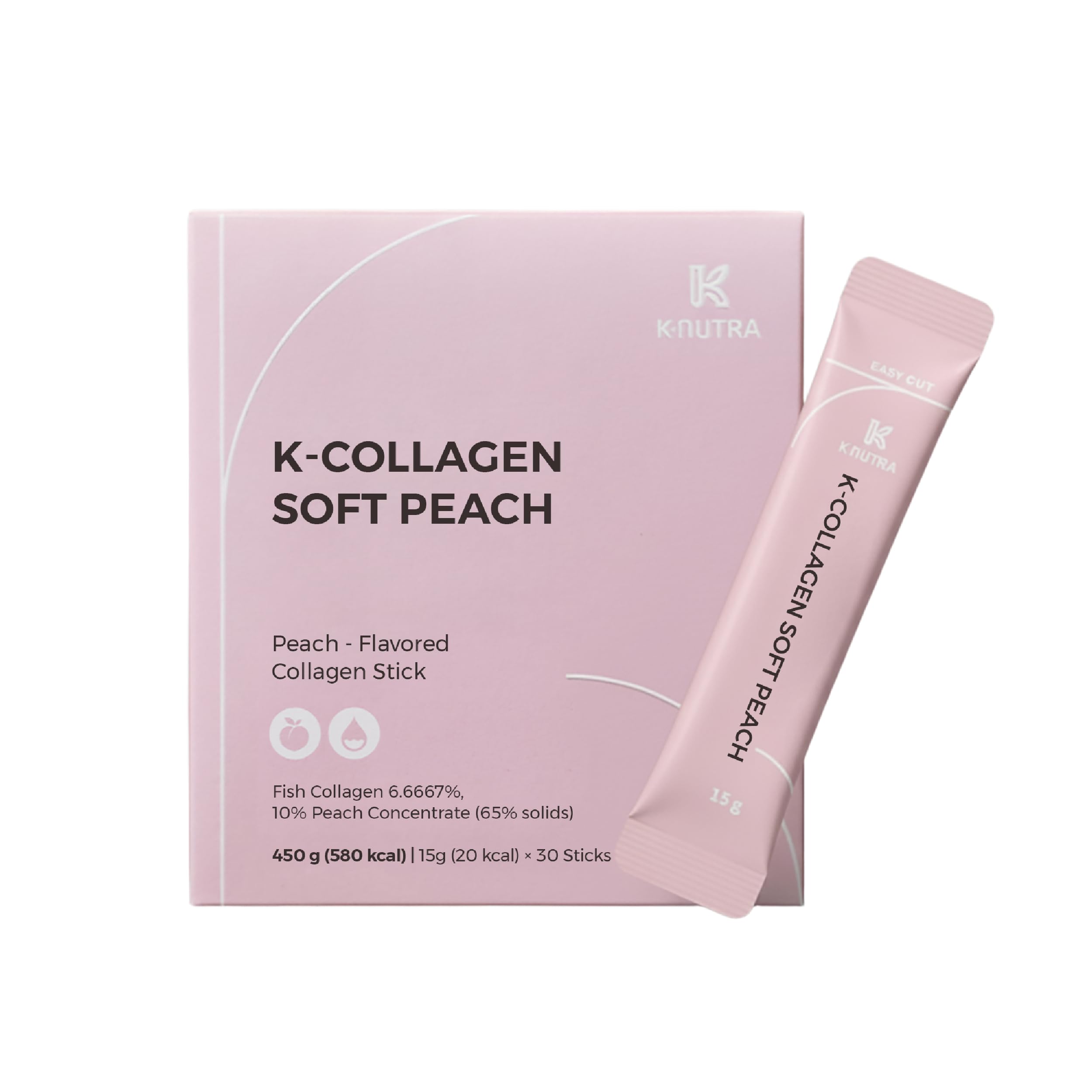 K K·NUTRA empaque frontal K-Collagen durazno mostrando diseño atractivo