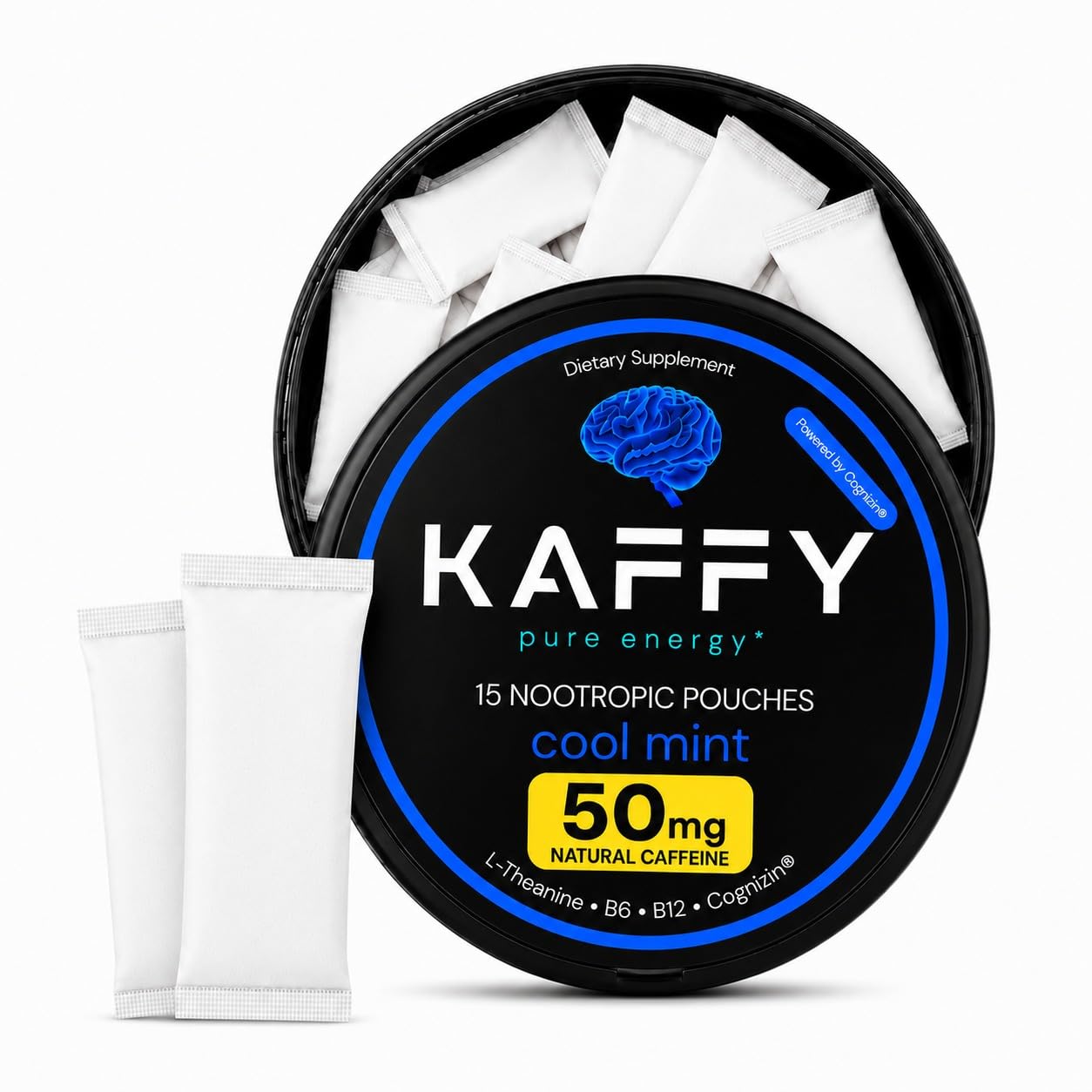 Kaffy lata frontal mostrando diseño y cantidad 15 pouches, solución portátil