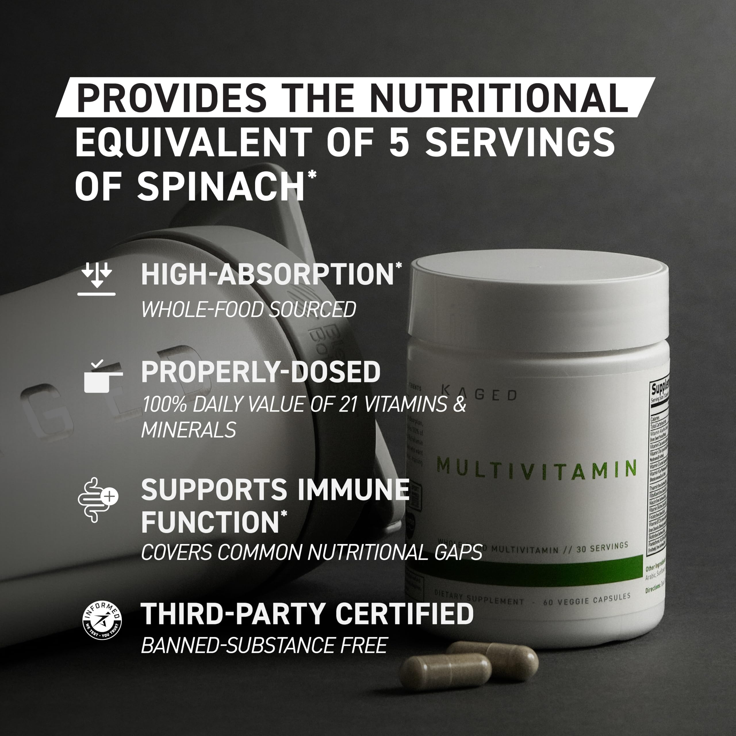 Kaged multivitamin detalle de cápsula que resalta origen vegetal