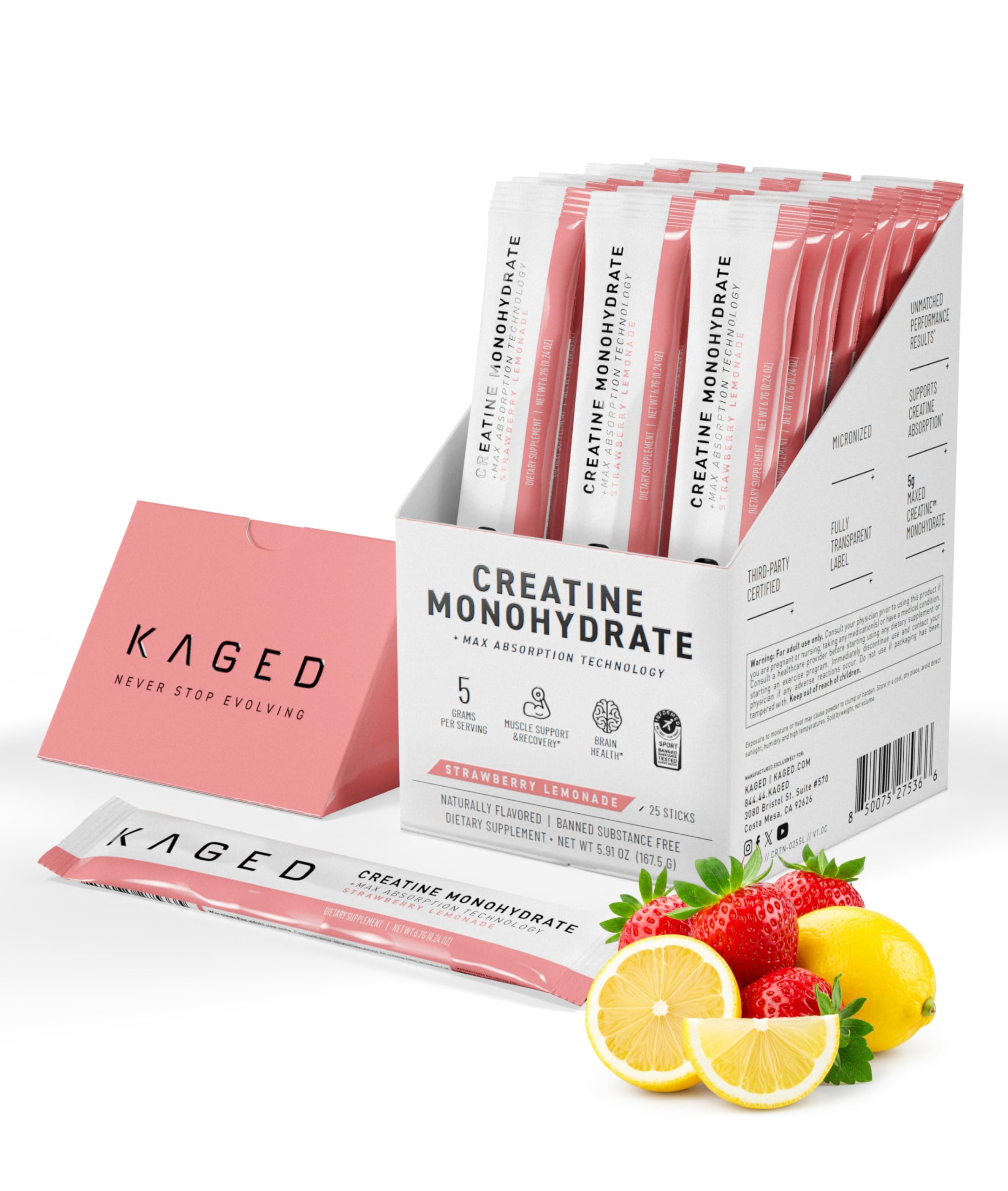 Kaged creatine frente del empaque mostrando diseño y cantidad de sobres