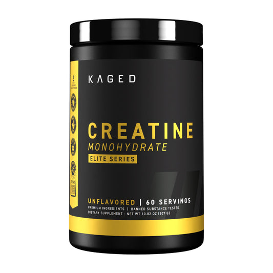 Kaged Creatine Monohydrate Elite polvo sin sabor, listo para mezclar en cualquier bebida.