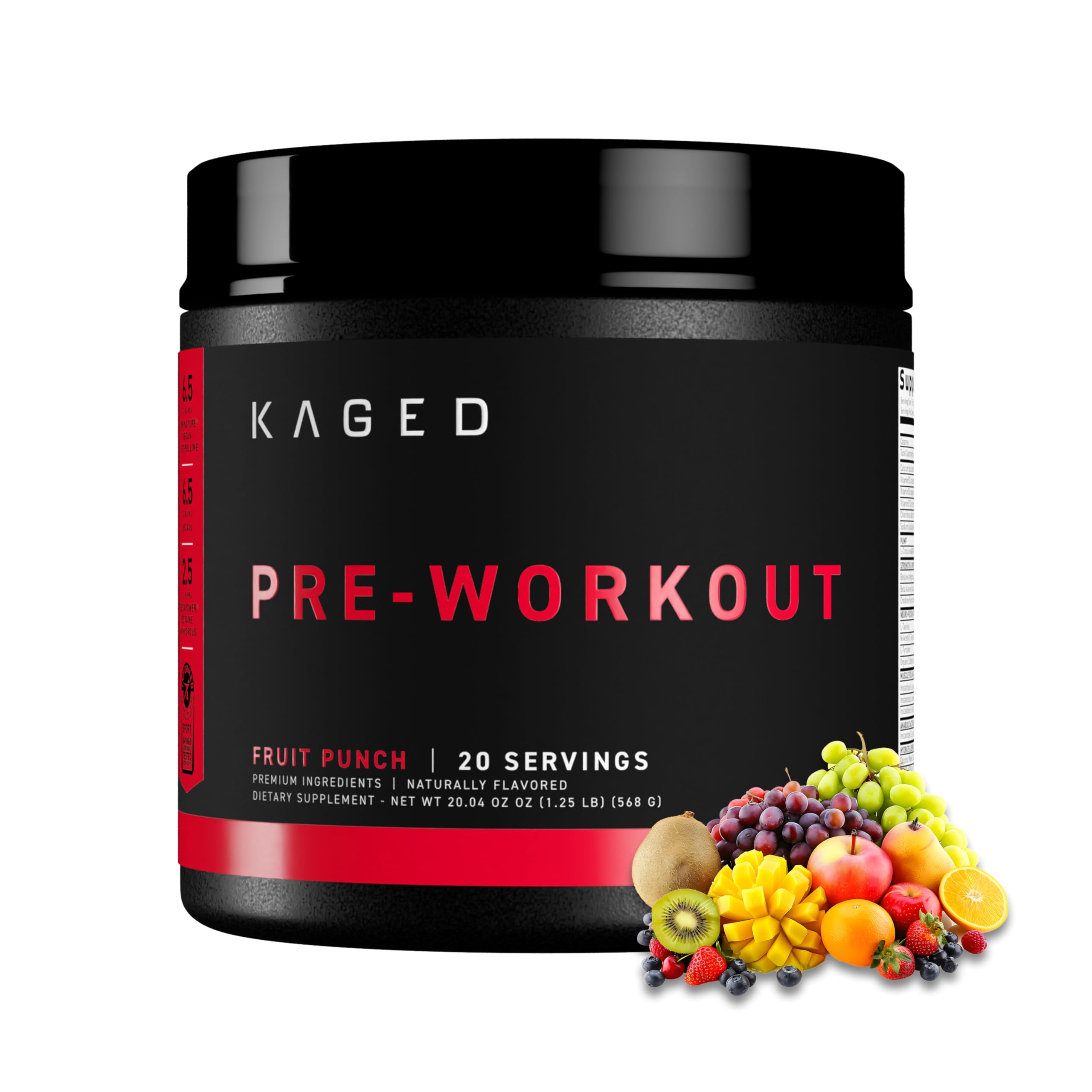 Kaged bote frontal mostrando sabor Fruit Punch y beneficios energéticos