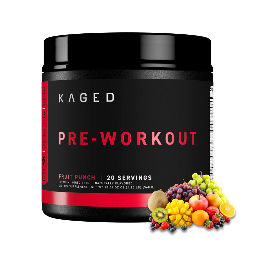 Kaged bote frontal mostrando sabor Fruit Punch y beneficios energéticos