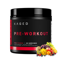 Kaged bote frontal mostrando sabor Fruit Punch y beneficios energéticos