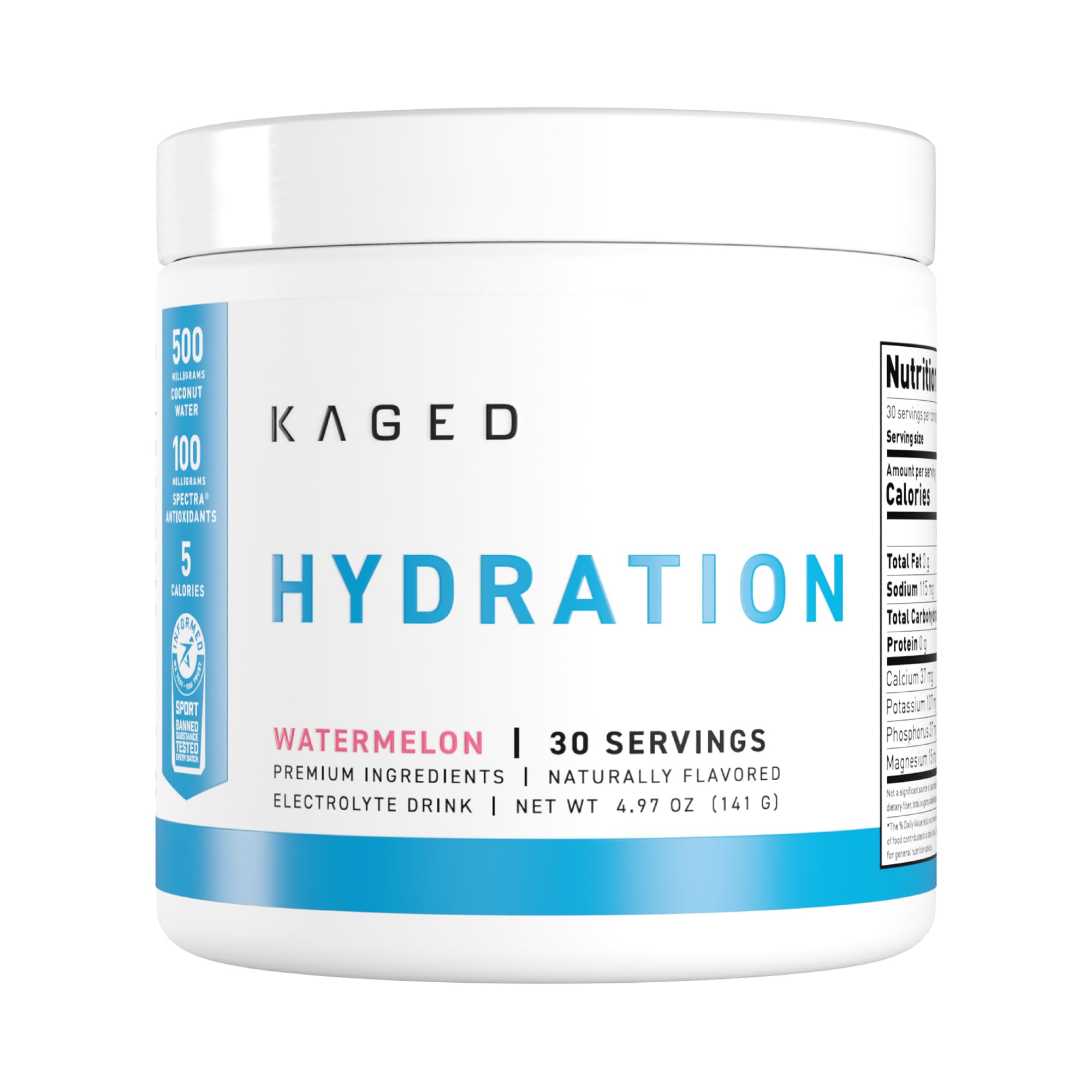 Kaged envase frontal con diseño limpio y sabor sandía mostrando beneficio de hidratación rápida