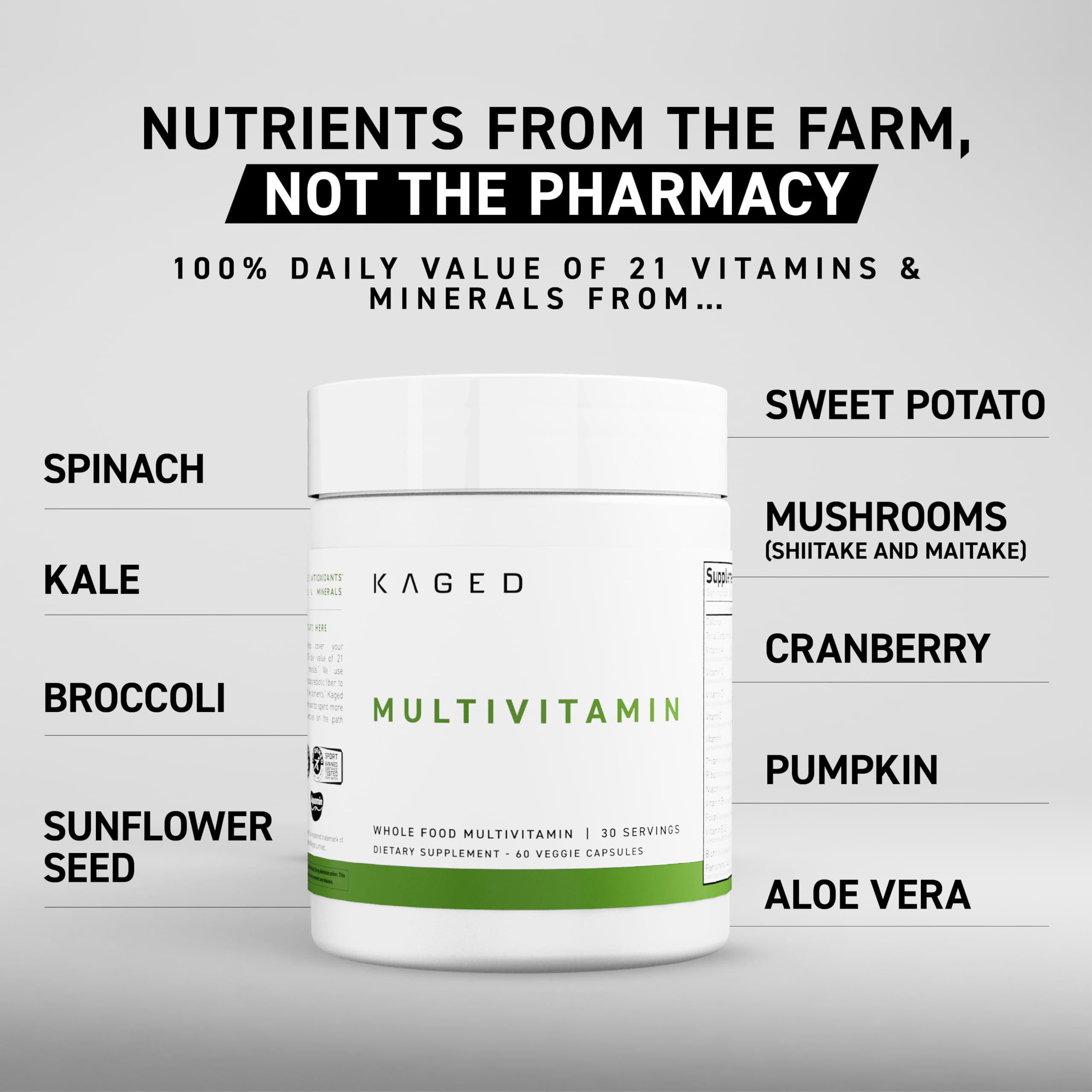 Kaged multivitamin cápsulas de cerca destacando textura fácil de tragar