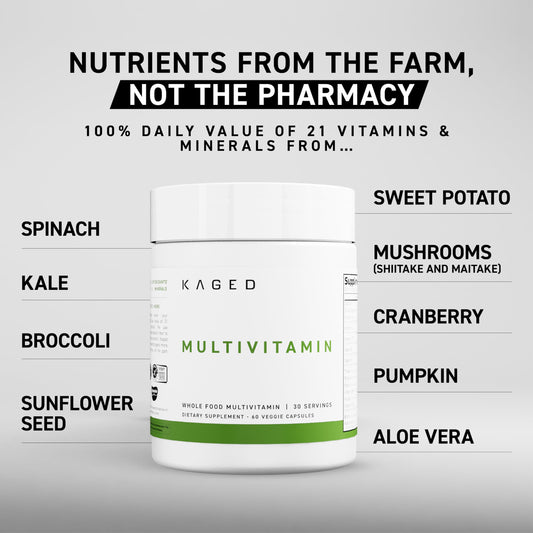 Kaged multivitamin cápsulas de cerca destacando textura fácil de tragar
