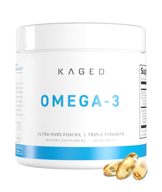 Kaged frasco frontal del suplemento omega 3 mostrando etiqueta y diseño beneficios claros