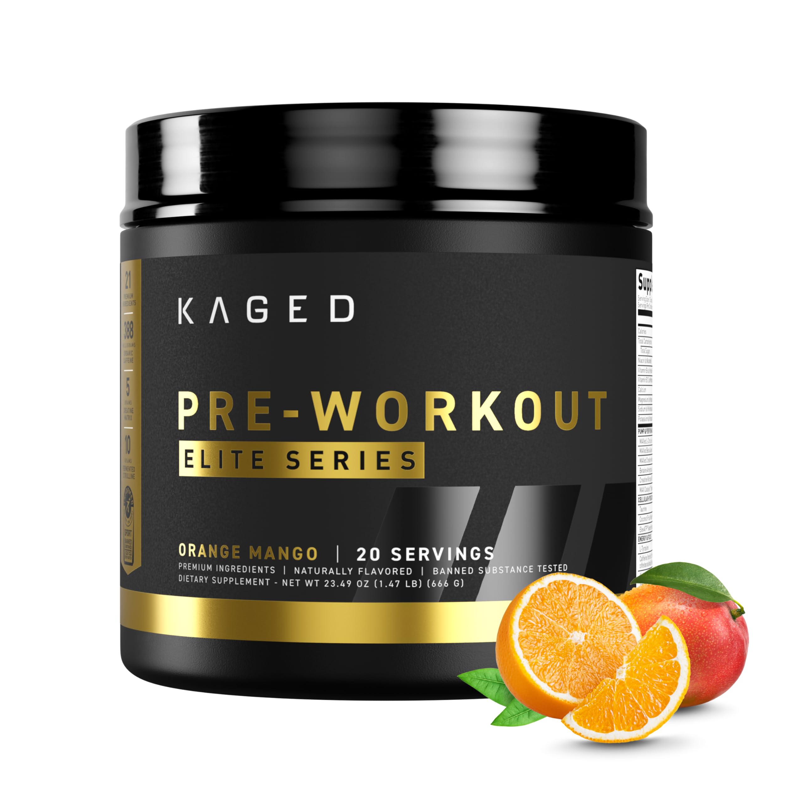 Kaged bote frontal mostrando etiqueta y sabor naranja mango, beneficio visibilidad del producto