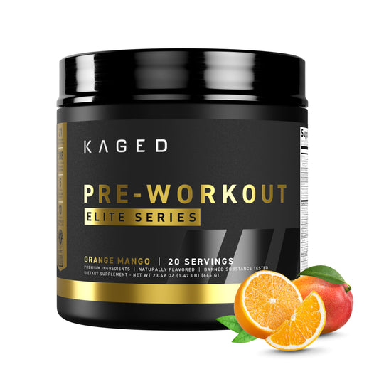 Kaged bote frontal mostrando etiqueta y sabor naranja mango, beneficio visibilidad del producto