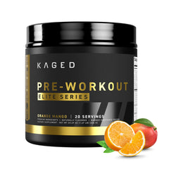 Kaged bote frontal mostrando etiqueta y sabor naranja mango, beneficio visibilidad del producto