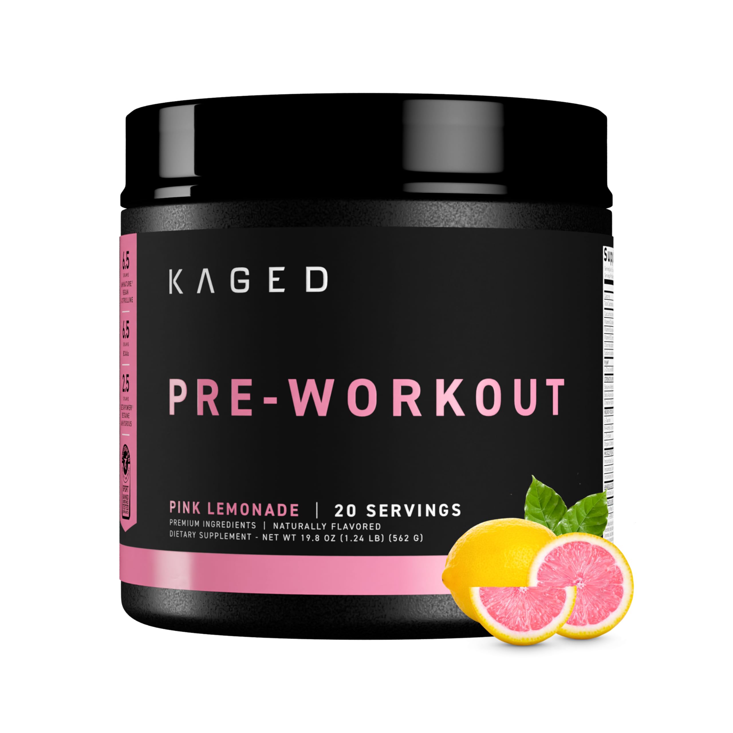 Kaged Pre-Kaged frente del envase mostrando sabor Pink Lemonade y beneficios claros