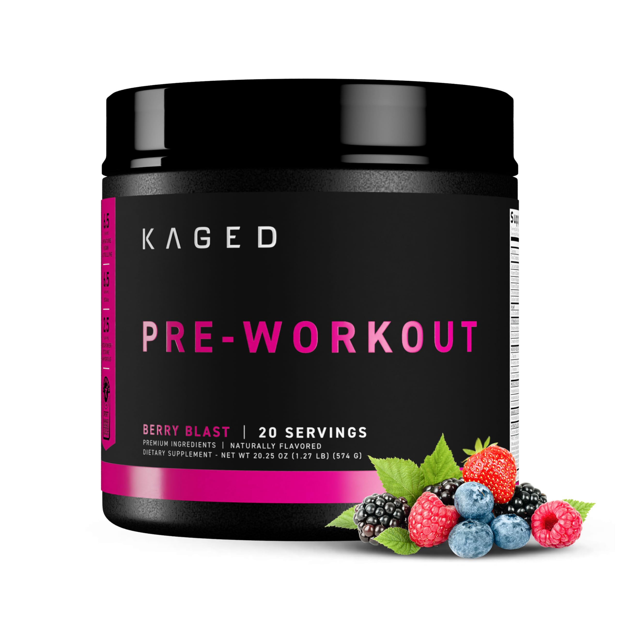 Kaged frasco frontal con diseño y sabor Berry Blast mostrando el envase
