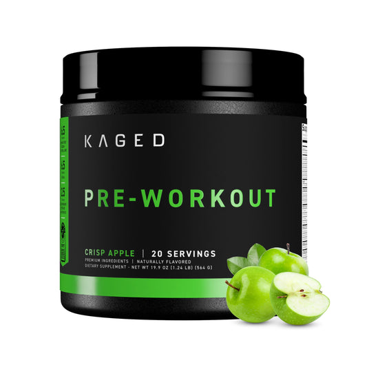 Kaged Pre-Kaged frente del envase mostrando el sabor Krisp Apple y enfoque de beneficio