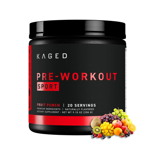 Kaged paquete frontal mostrando la marca y sabor Fruit Punch, energía inmediata