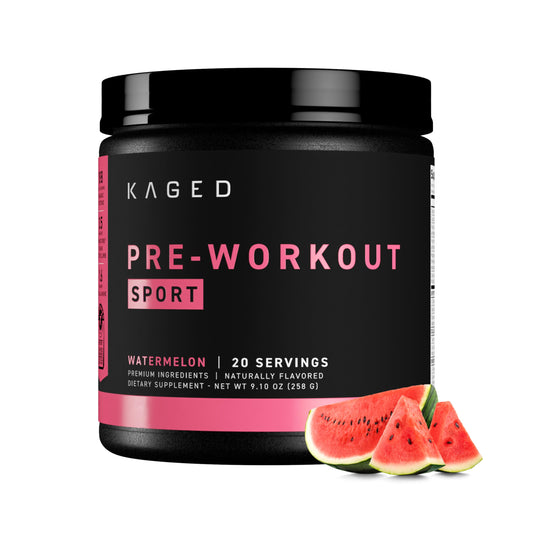 Kaged envase Pre-Kaged Sport frente mostrando diseño y beneficio de energía limpia