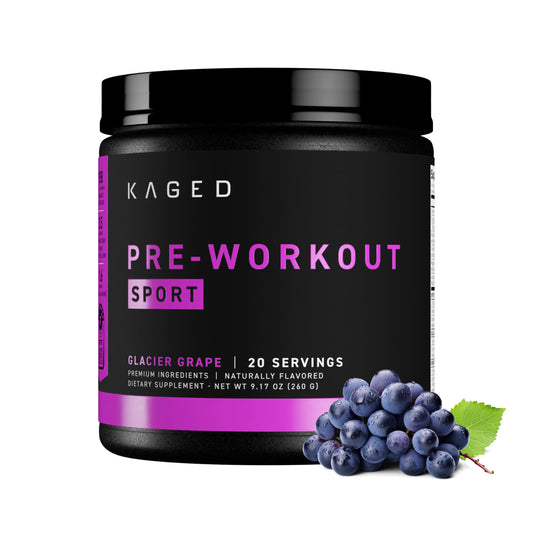Kaged envase frontal Pre-Kaged Sport mostrando diseño y sabor Glacier Grape