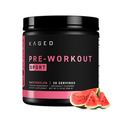 Kaged envase Pre-Kaged Sport frente mostrando diseño y beneficio de energía limpia
