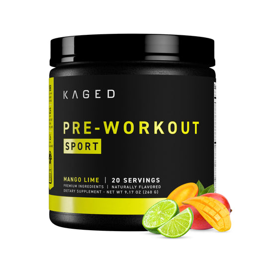 Kaged envase frontal Pre-Kaged Sport mostrando sabor y beneficio energético