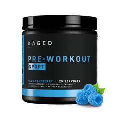 Kaged envase frontal Pre‑Kaged Sport mostrando diseño y beneficios