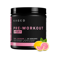 Kaged envase frontal de Pre‑Kaged Sport mostrando marca y sabor