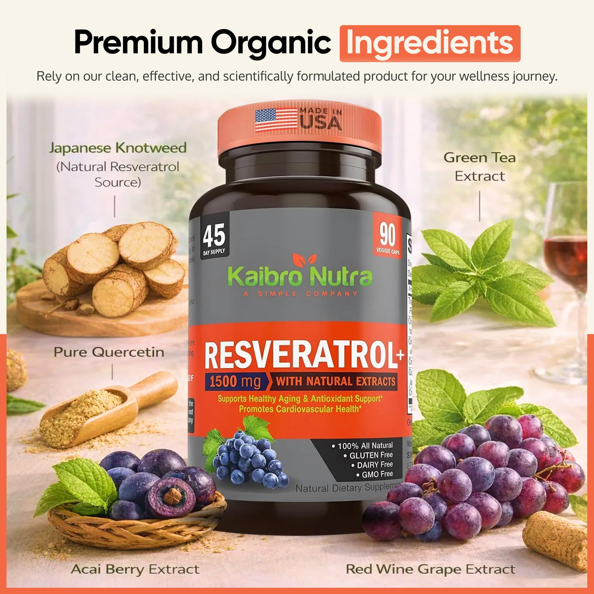 Kaibro Nutra detalle de trans-resveratrol en cápsula que sugiere alta potencia