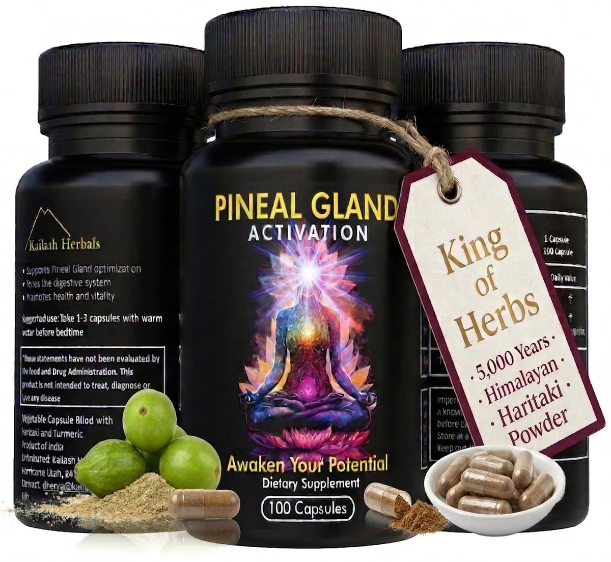 Kailash Herbals frente del envase mostrando sello orgánico y beneficios