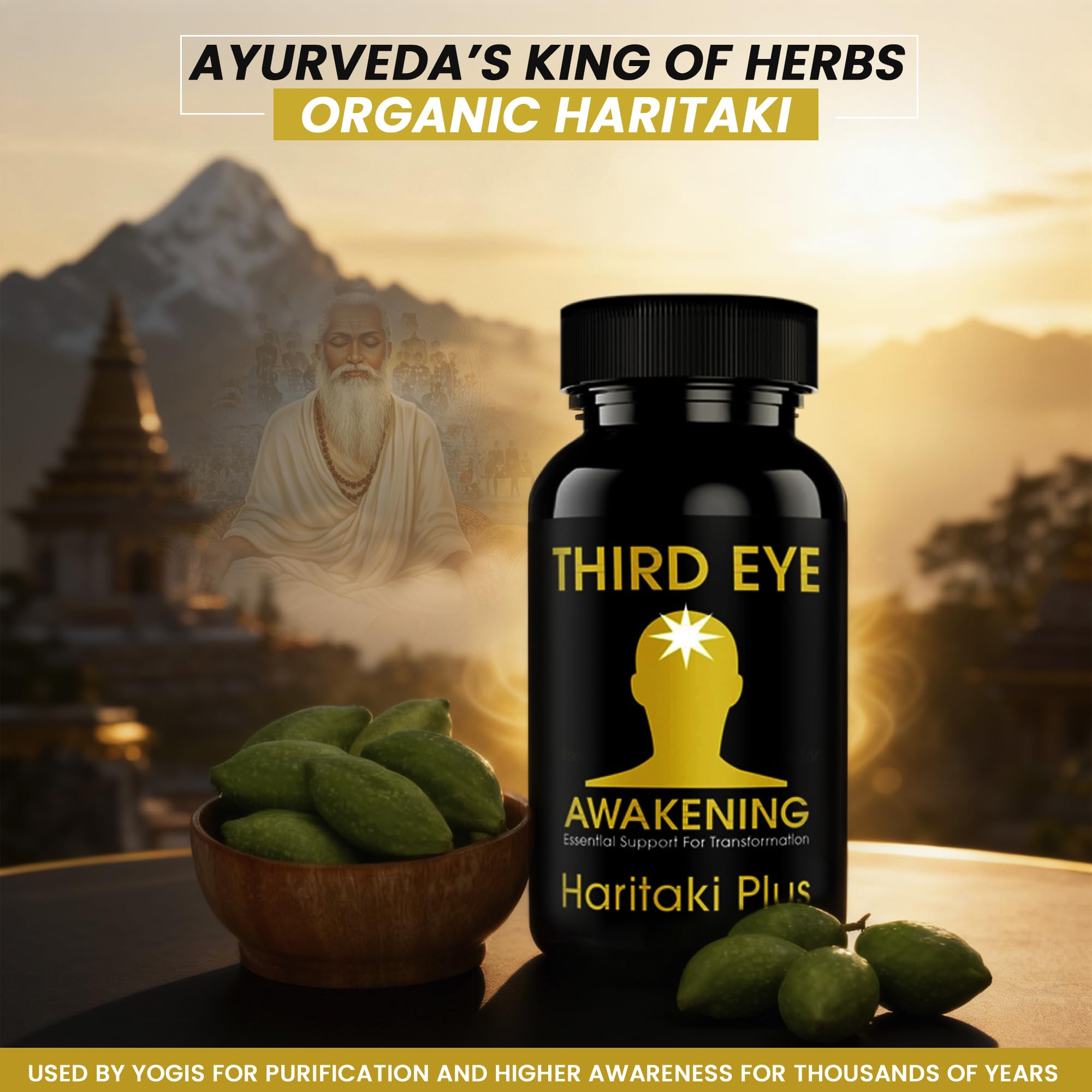 Kailash Herbals polvo de Haritaki en cuchara, origen himaláyico y pureza visible