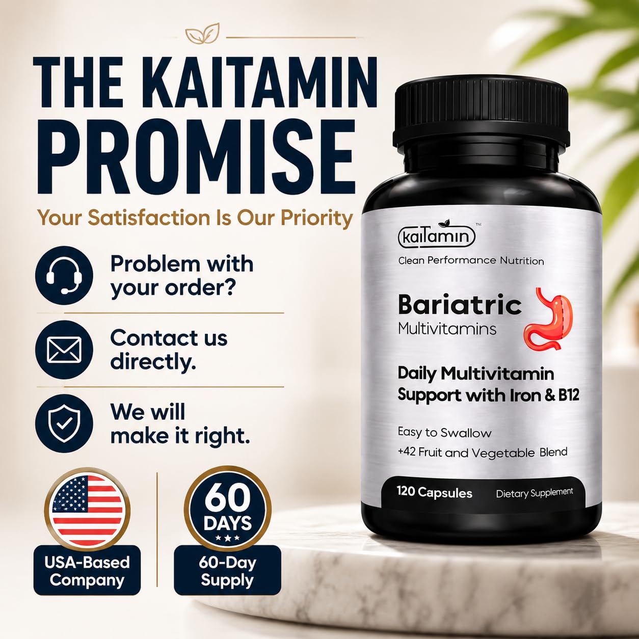 Kaitamin etiqueta nutricional en primer plano que indica dosis y contenido