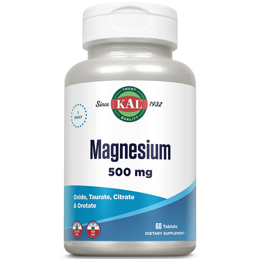 Kal 500 mg Magnesio: frasco frontal para uso diario y apoyo a la relajación muscular.