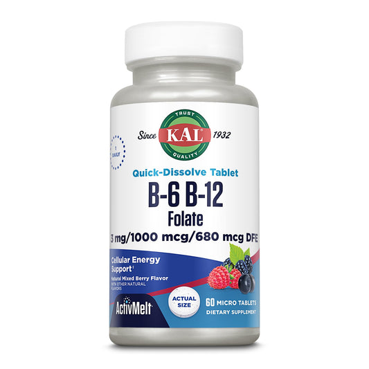 KAL frasco delante ActivMelts con sabor a baya, muestra 60 servicios y envase atractivo