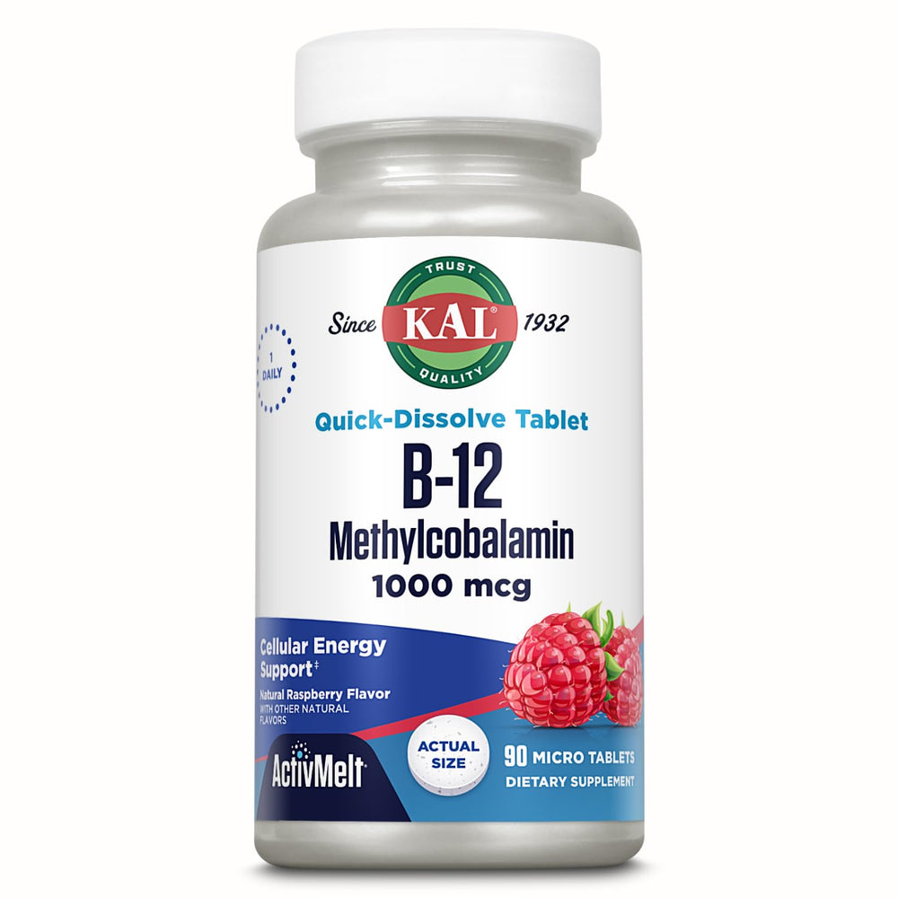 KAL frasco frontal de B12 metilcobalamina mostrando la presentación y sabor frambuesa