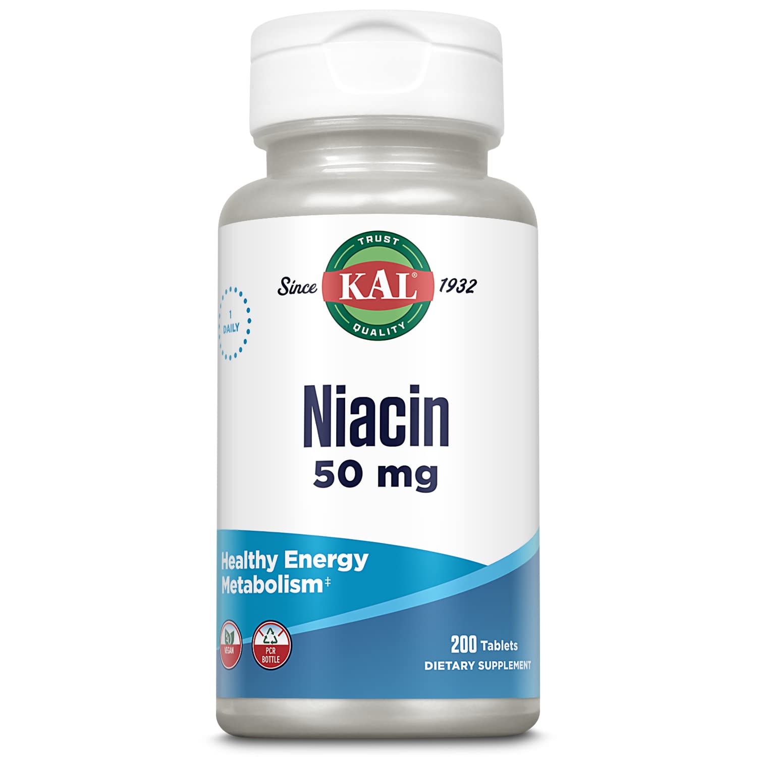 KAL frasco frontal mostrando niacina 50 mg y beneficio de suministro prolongado