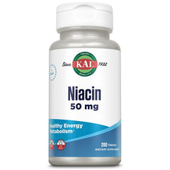 KAL frasco frontal mostrando niacina 50 mg y beneficio de suministro prolongado