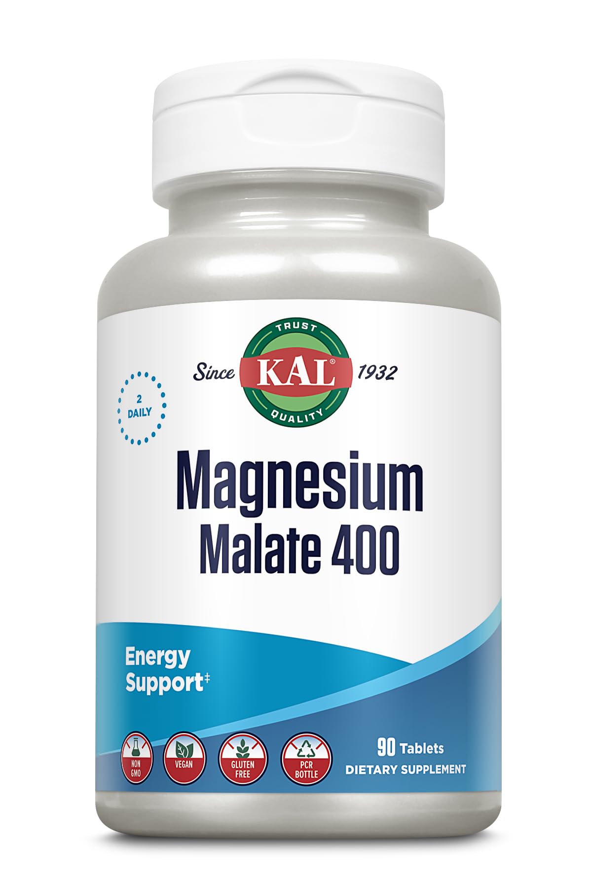 KAL envase frontal de Magnesium Malate 400mg, presentación clara y beneficios