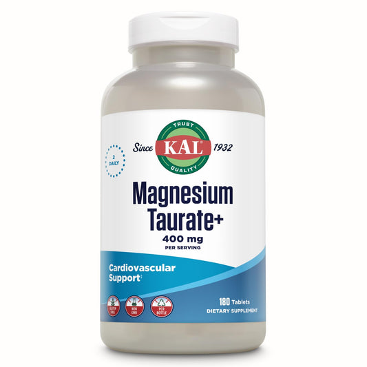 KAL envase frontal de Magnesium Taurate 180 tabletas mostrando diseño y cantidad