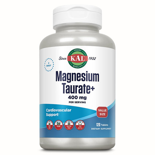KAL envase frontal de Magnesium Taurate 120 tabletas que muestra el sello de calidad