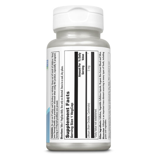 Close-up of KAL Lithium Orotate capsules illustrating a 5 mg dose