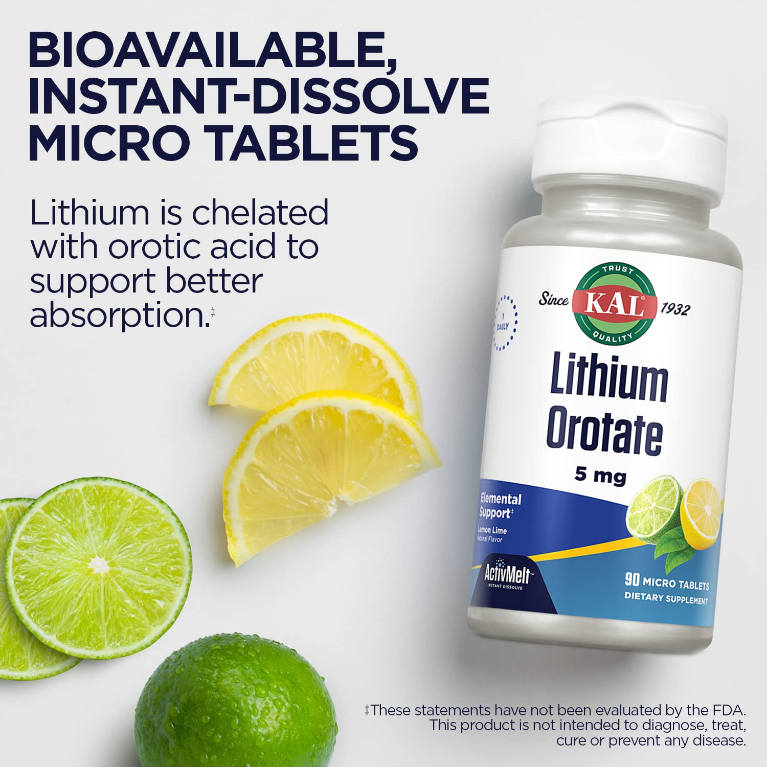 KAL microtabletas junto a rodaja de limón-lima destacando sabor natural